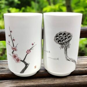 Set Of Two Japanese Tea Cups No Handles White, Cherry Blossom & Lotus Seed Pod